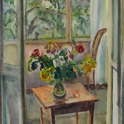 Blumen auf der Veranda/Flowers on the porch ca. 1952 30x47 Aquarelle