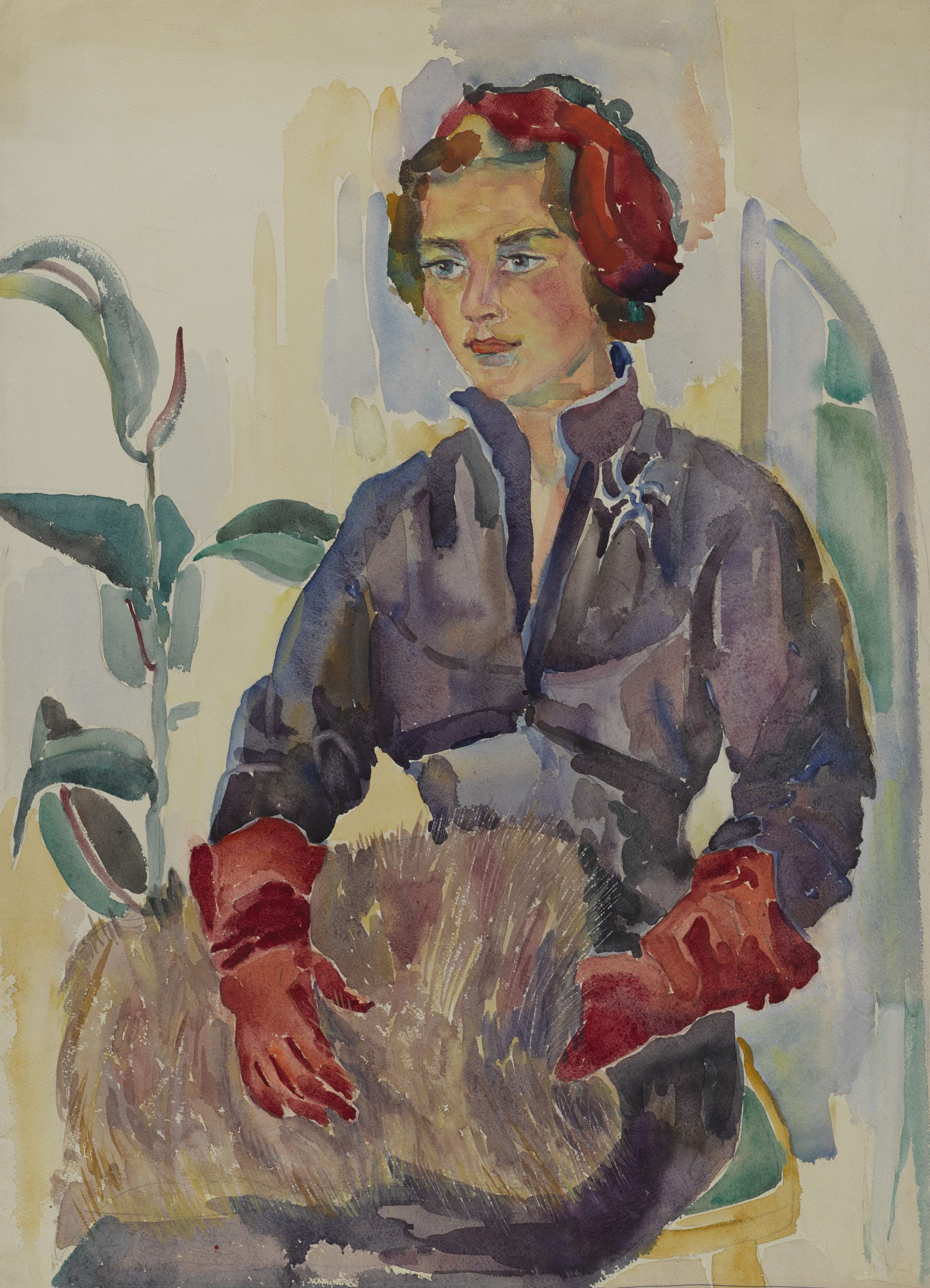Dame mit roten Handschuhen / Lady with red gloves ca. 1954 54x72 Aquarelle