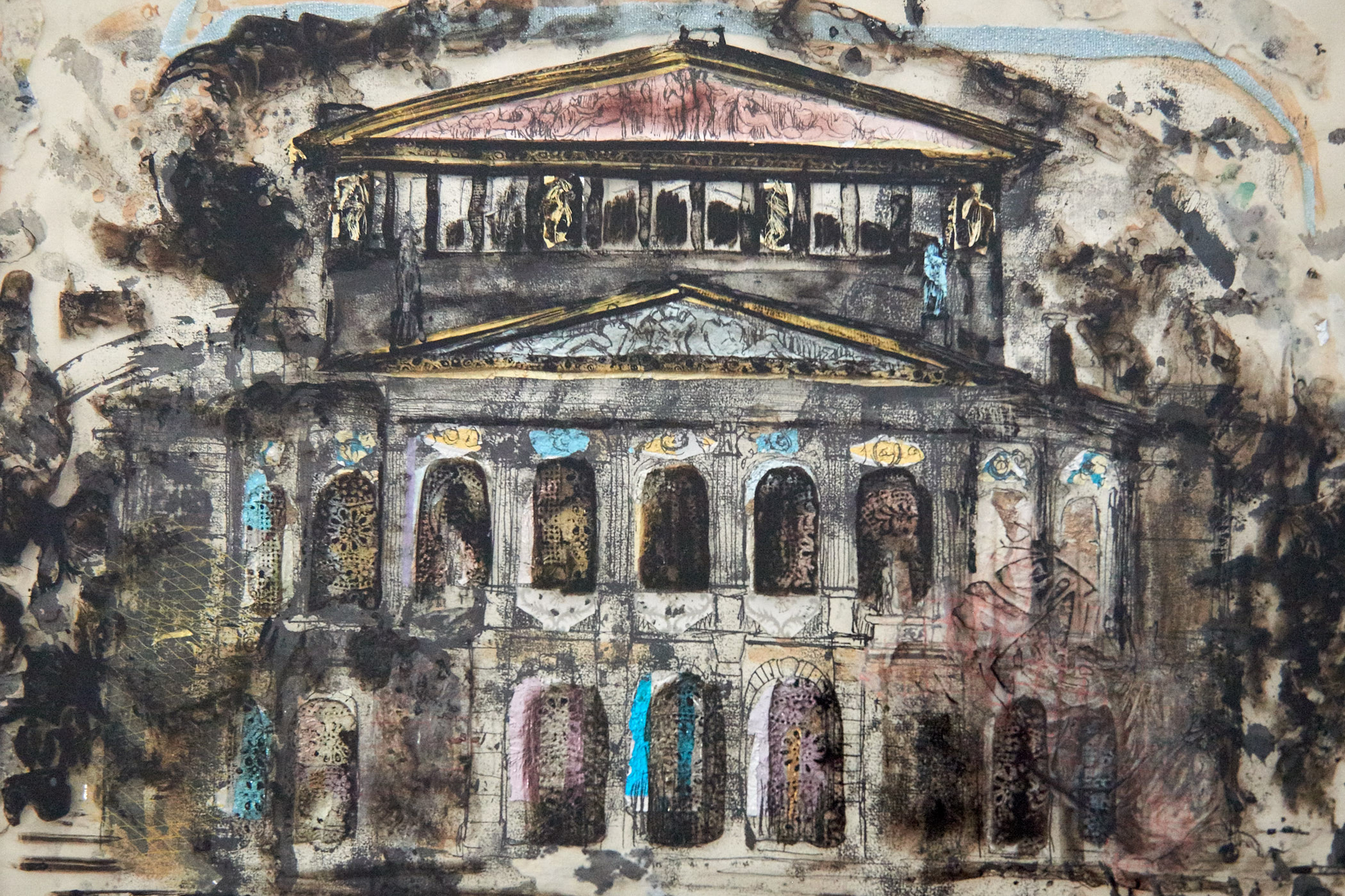 Opernhaus Collage /Frankfurt Opera House, Ink on back glass, with colorful candy wrappers, lace and fabric, 1967, Alice Pairan